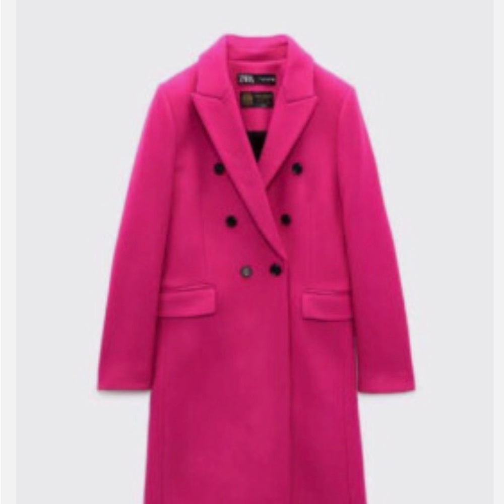 ZARA Manteco Tailored Pink Fuchsia Double-Breasted Italian Wool Coat — large